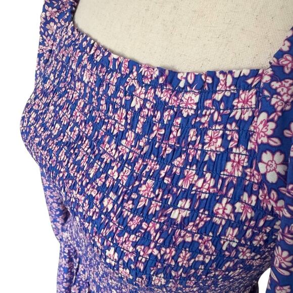 J Crew Dress Womens Small Blue Pink Floral Long Sleeve Smocked Maxi coquette - Picture 3 of 16